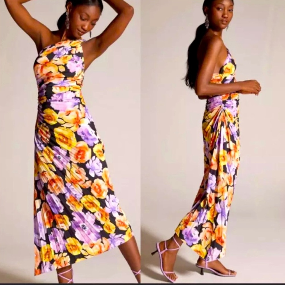 Geisha Designs Paras and Shalini floral midi one shoulder dress